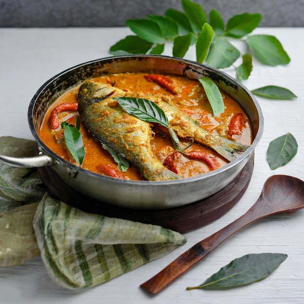 Spicy Fish curry_Seer vis curry traditionele Indiase vis curry witte achtergrond