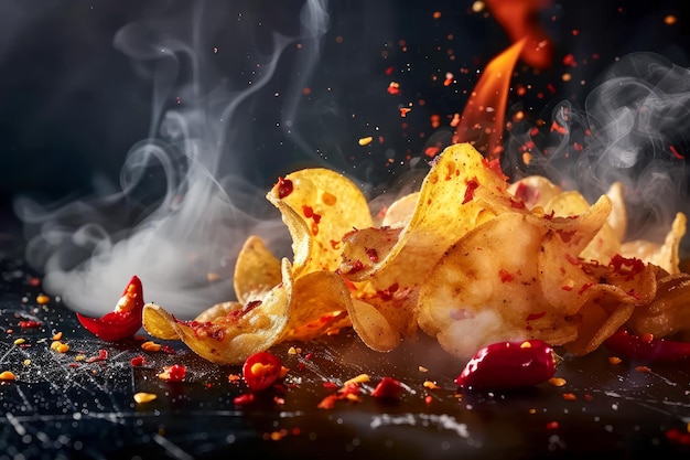 Spicy Flaming Hot Chips Explosion with Fiery Chili Peppers and Smoke on Dark Background Fiery Snack