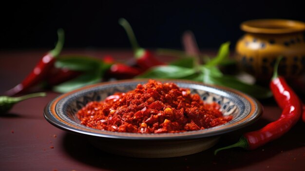 Photo spicy and fresh indonesian red hot chili sauce sambal on a traditional plate