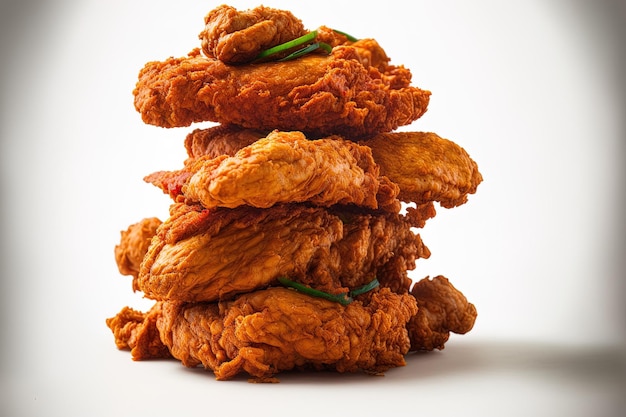 Spicy fried chicken piled high and isolated on a white backdrop