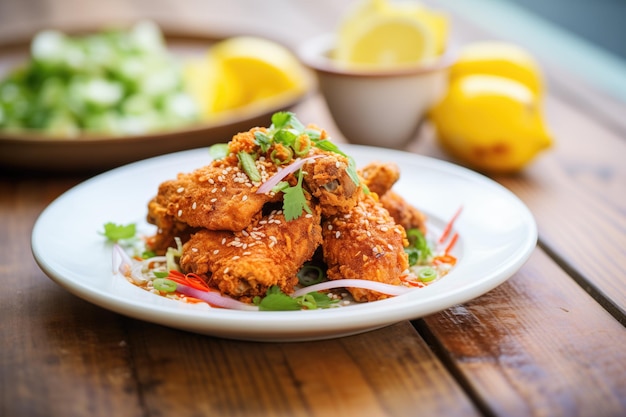 Spicy fried chicken with chili flakes and lemon wedge