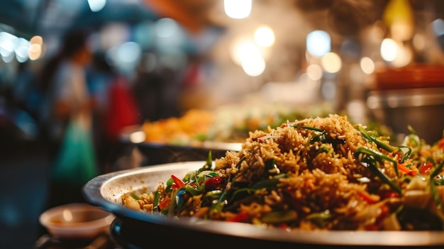 Spicy Fried Rice against a bustling outdoor food stall