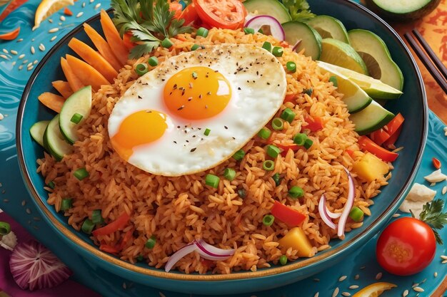 Spicy fried rice with chicken kimchi and egg Korean cuisine