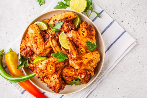 Spicy grilled chicken wings in tomato sauce in a white plate on a white background.