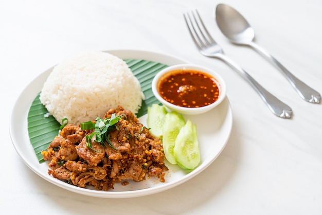 spicy grilled pork with rice and spicy sauce in Asian style