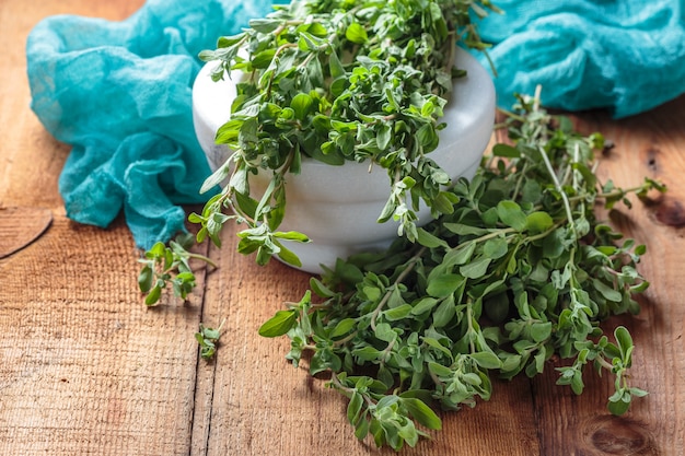 Spicy herb marjoram on a wooden table