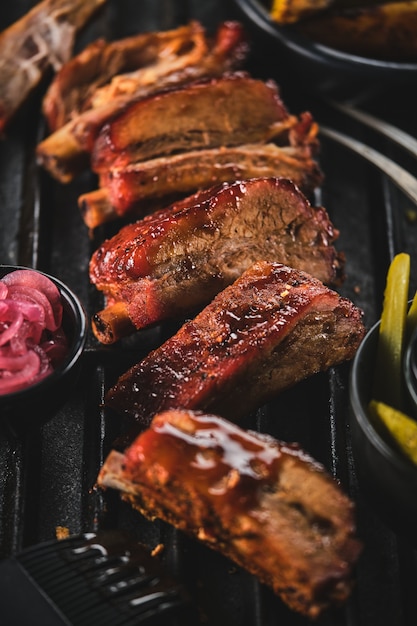 Spicy hot grilled spare ribs on the barbecue