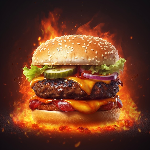 Spicy and hot hamburger with fire background Generative AI