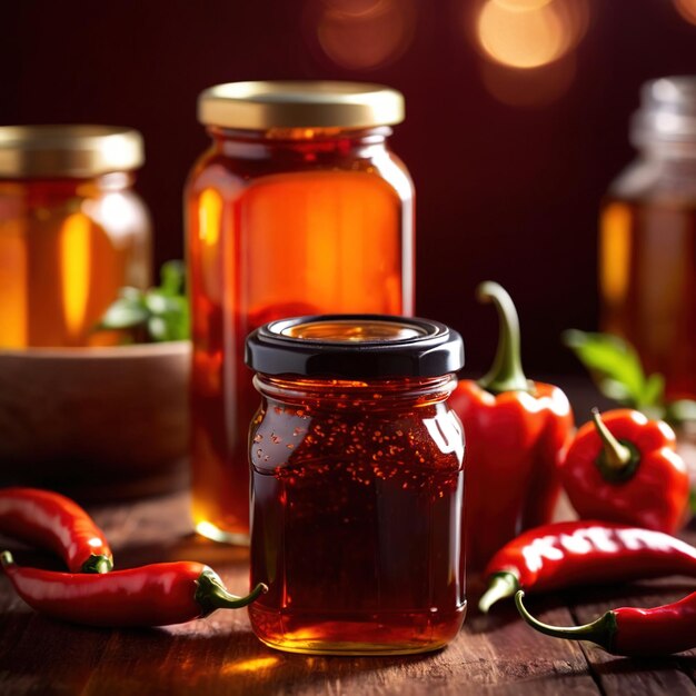 Photo spicy hot preserved chili oil in jar homemade condiment