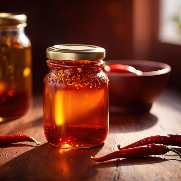 Photo spicy hot preserved chili oil in jar homemade condiment