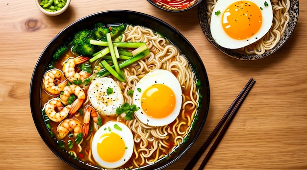 spicy hot ramen with shrimp chicken and eggs on a wooden table