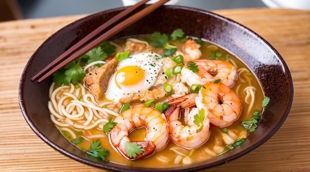 spicy hot ramen with shrimp chicken and eggs on wooden table