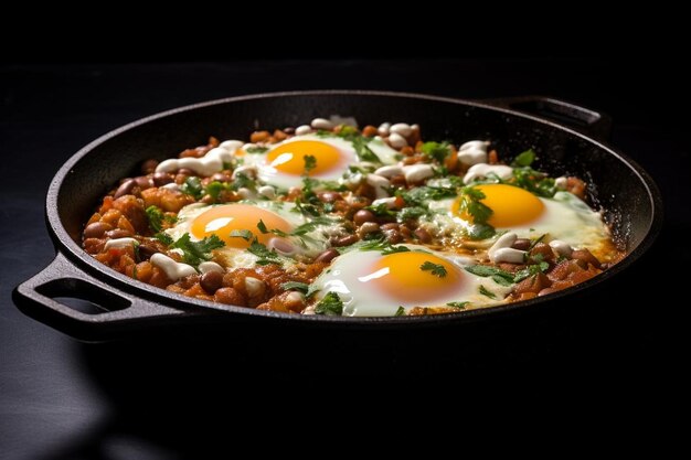 Photo spicy huevos rancheros with eggs beans and salsa