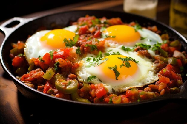 Photo spicy huevos rancheros with eggs beans and salsa