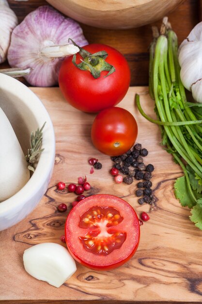 spicy ingredients on wooden table