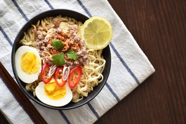 Spicy instant noodles in a bowl