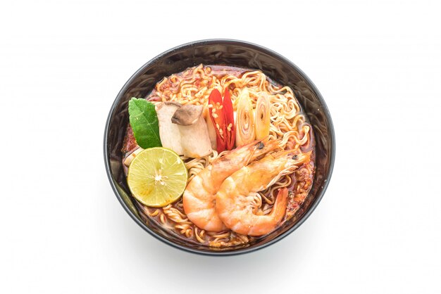 Spicy instant noodles soup with shrimp