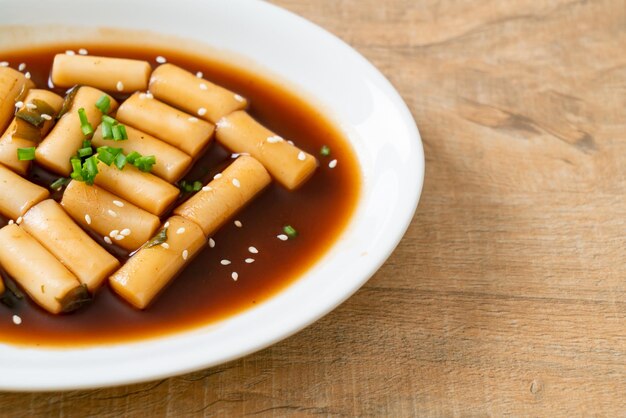 Spicy Jjajang Tteokbokki or Korean rice cake in spicy black bean sauce