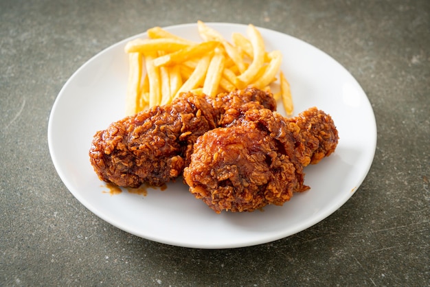 spicy Korean fried chicken with french fries