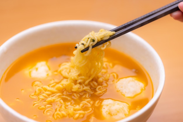 Spicy korean instant noodles bowl