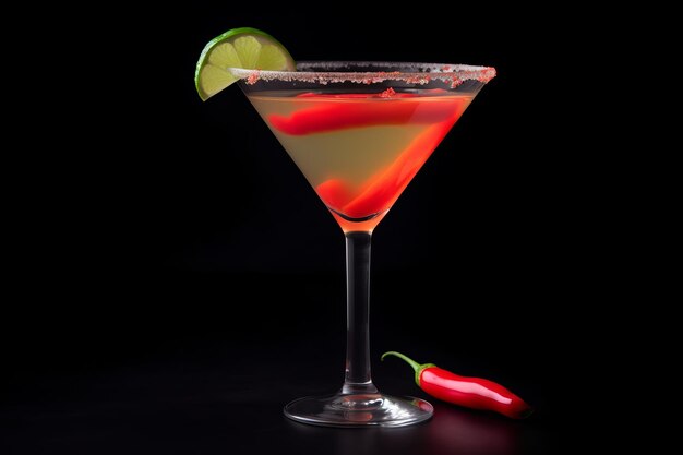 spicy margarita on a black background with a cut lime and red peppers