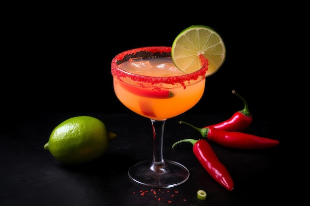 spicy margarita on a black background with a cut lime and red peppers