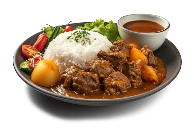 Spicy meat curry with rice isolated white object