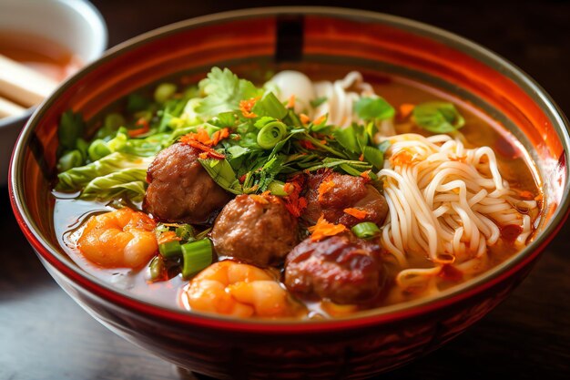 Photo spicy meatball soup with shrimp and lime