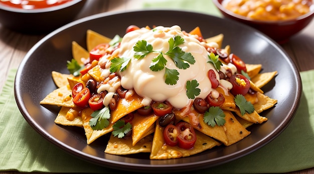 Spicy Mexican nachos with read chili sauce