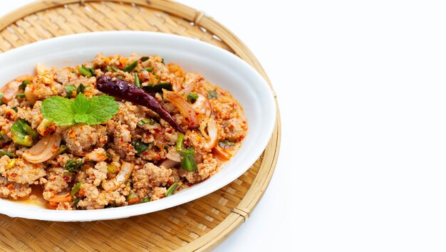 Spicy minced pork salad Copy space