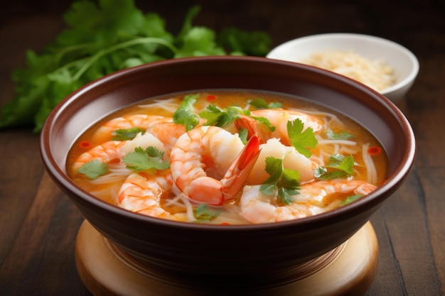 Spicy miso soup with shrimp in a plate top view
