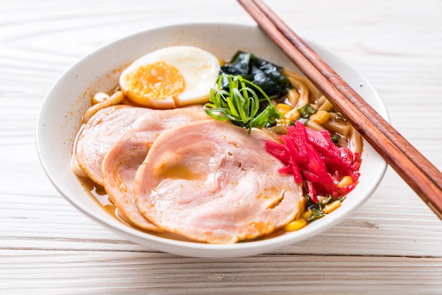 spicy miso udon ramen noodle with pork