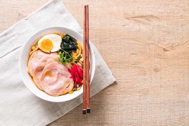 spicy miso udon ramen noodle with pork