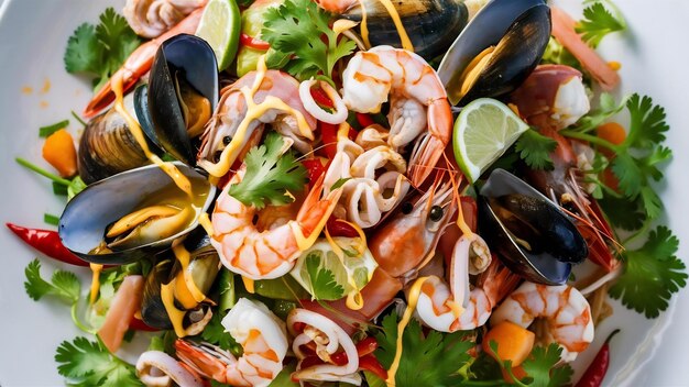 Foto insalata mista piccante di frutti di mare con ingredienti thailandesi