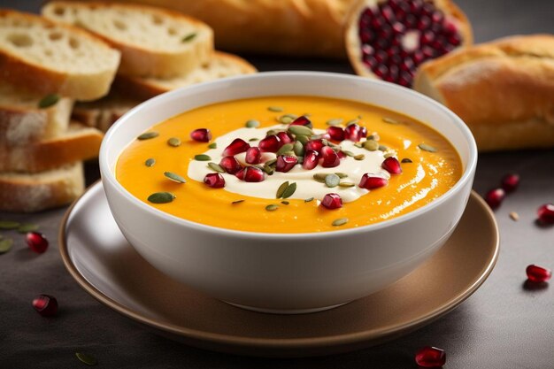 Spicy pumpkin carrot soup cream with pomegranate