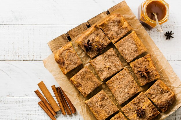 Spicy Pumpkin Cbars Blondie Squares with Cinnamon, Anise and Caramel. Traditional English Dessert