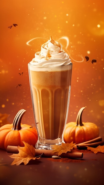 Spicy pumpkin latte in high drinking glass with whipped cream and cinnamon over blurred background with bokeh lights Creamy coffee with pumpkin and spices on maroon background vertical AI generated