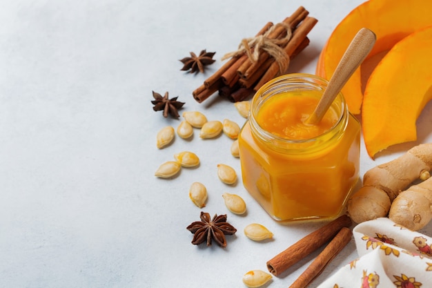 Spicy pumpkin puree with cinnamon, anise and ginger in a sealed can on a light stone or concrete. 