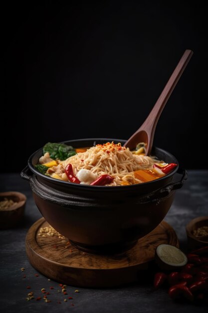 Spicy ramen with chopsticks and a bowl of noodles Generative AI