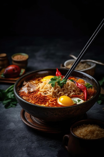 Spicy ramen with chopsticks and a bowl of noodles Generative AI