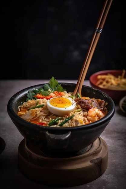 箸と麺を使ったスパイシーなラーメン 生成 AI