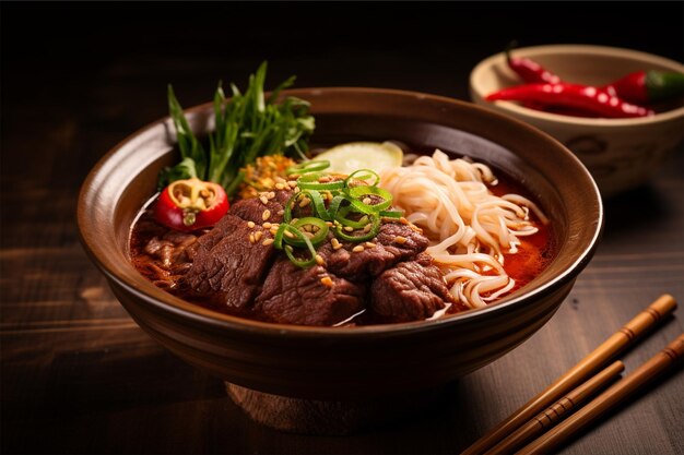 spicy red soup beef noodle in a bowl on wooden tab