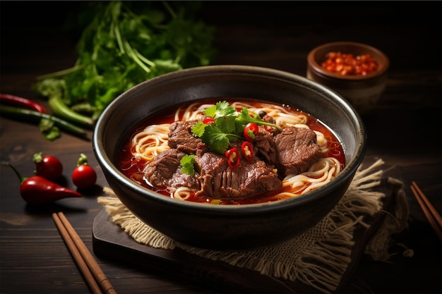 spicy red soup beef noodle in a bowl on wooden tab