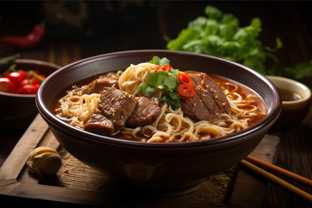 spicy red soup beef noodle in a bowl on wooden tab