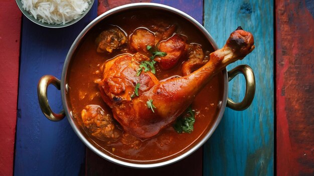 Spicy reddish chicken curry or masala with prominent leg piece served in a bowl or kadhai over co