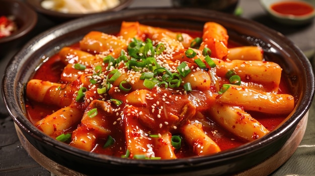 사진 검은 그에 넣은 매운  케이크 요리 tteokbokki