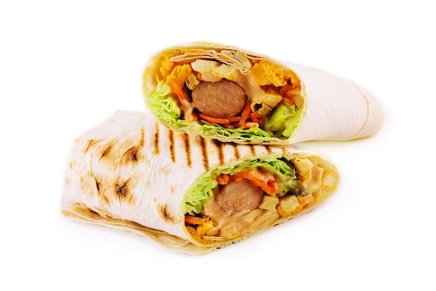 Spicy sausages in pita bread isolated on white