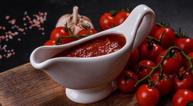 Spicy seasoning of Georgian cuisine adjika in a bowl with red omatoes on a concrete table closeup