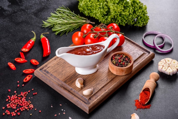 Spicy seasoning of Georgian cuisine adjika in a bowl with red pepper and garlic