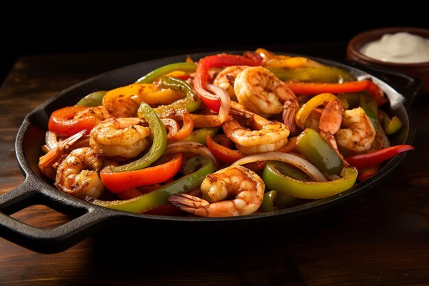 Photo spicy shrimp fajitas with bell peppers and onions